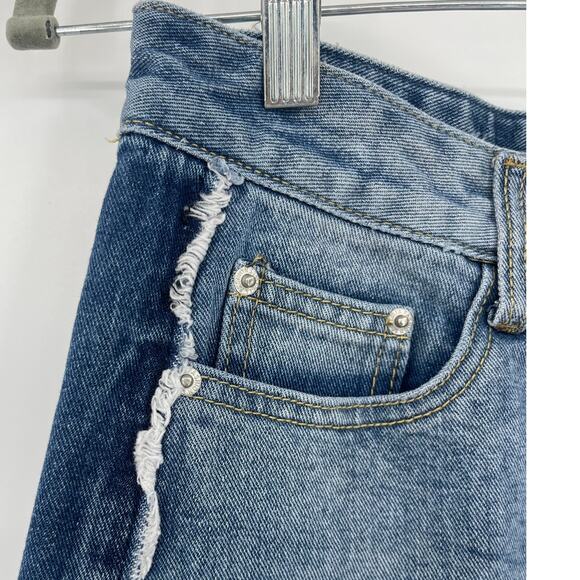 En Creme Y2K Cut Off Denim Mini Skirt Sz S Festival Grunge Distressed Raw Edge - Picture 2 of 9
